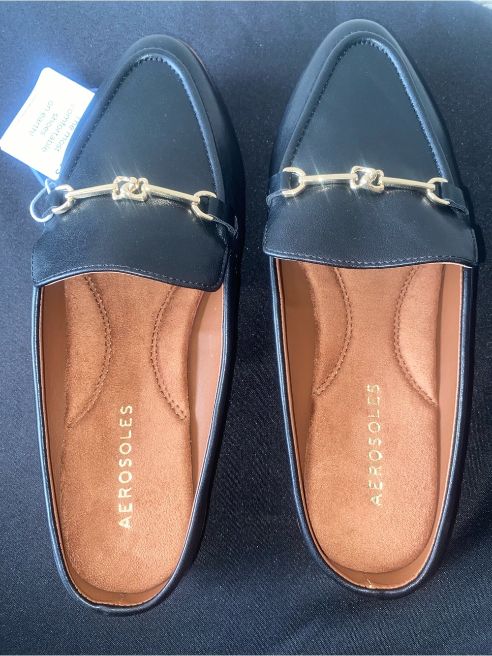 AEROSOLES Black Leather Loafers with Gold Hardware